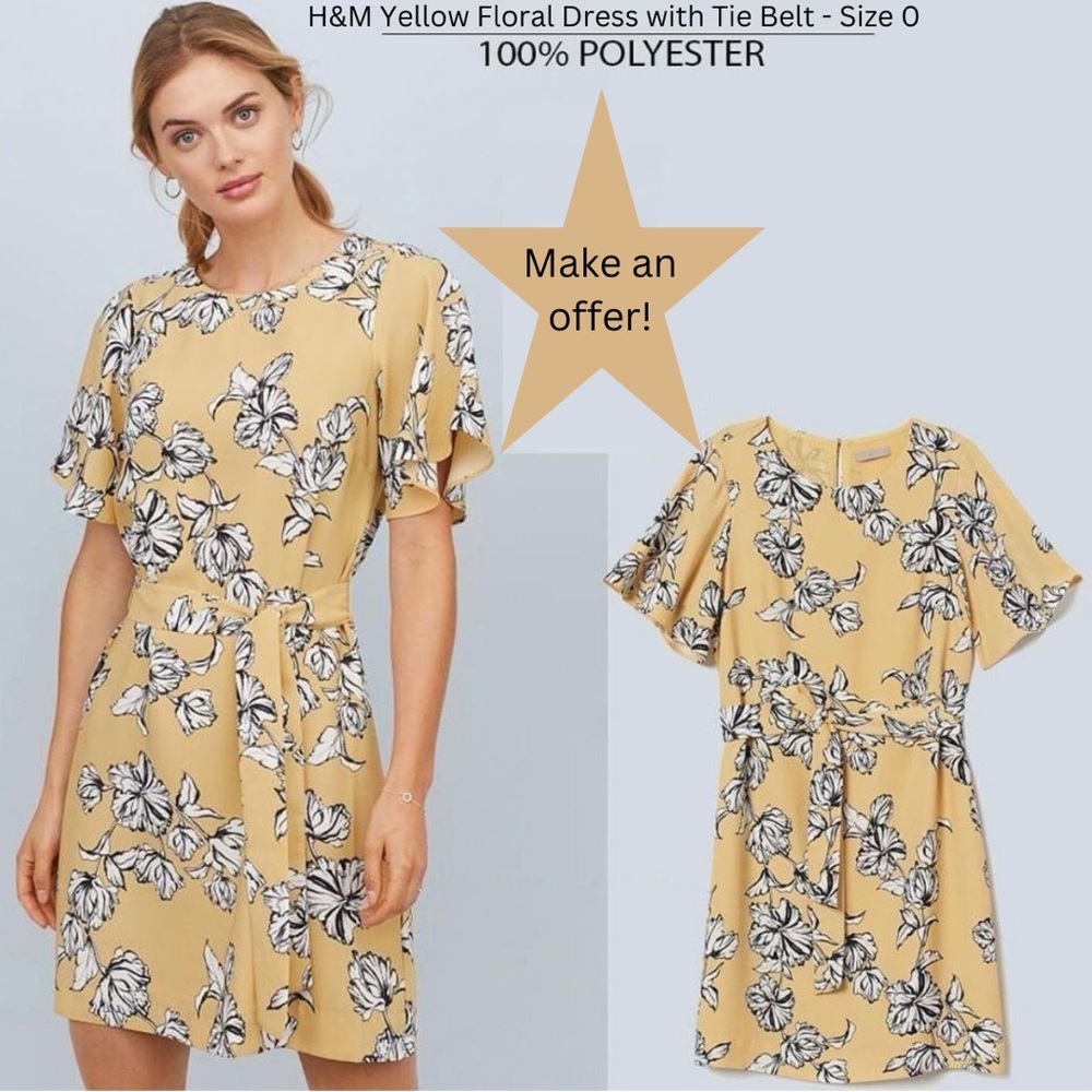 H&M Yellow Floral Double Lined Short Sleeve Mini Dress With Tie Belt - Size 0